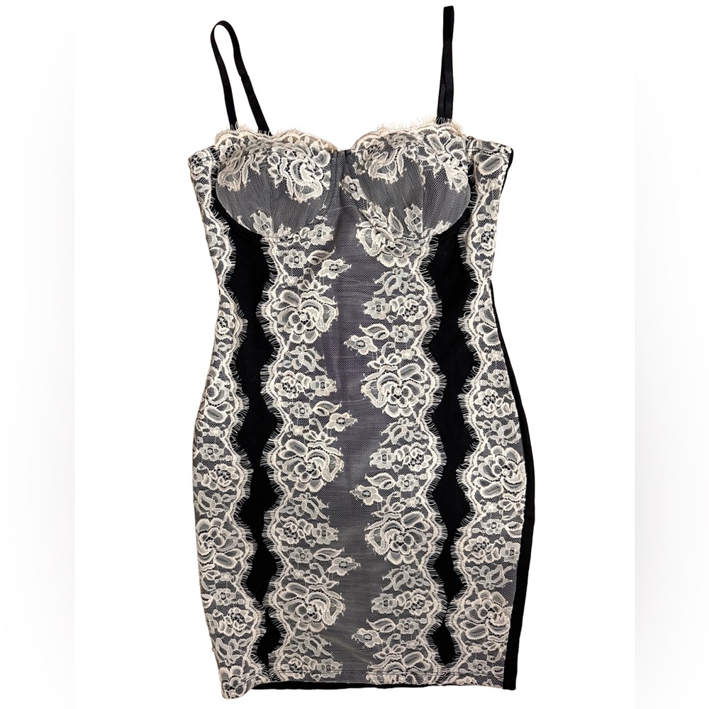 Haute Monde Lace Bustier Bodycon Mini Dress Black Nude Size Small